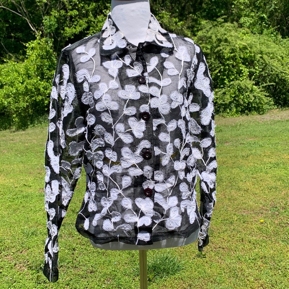Vintage Fully Sheer Floral Embellished Chiffon Button Up Jacket Slightly Cropped